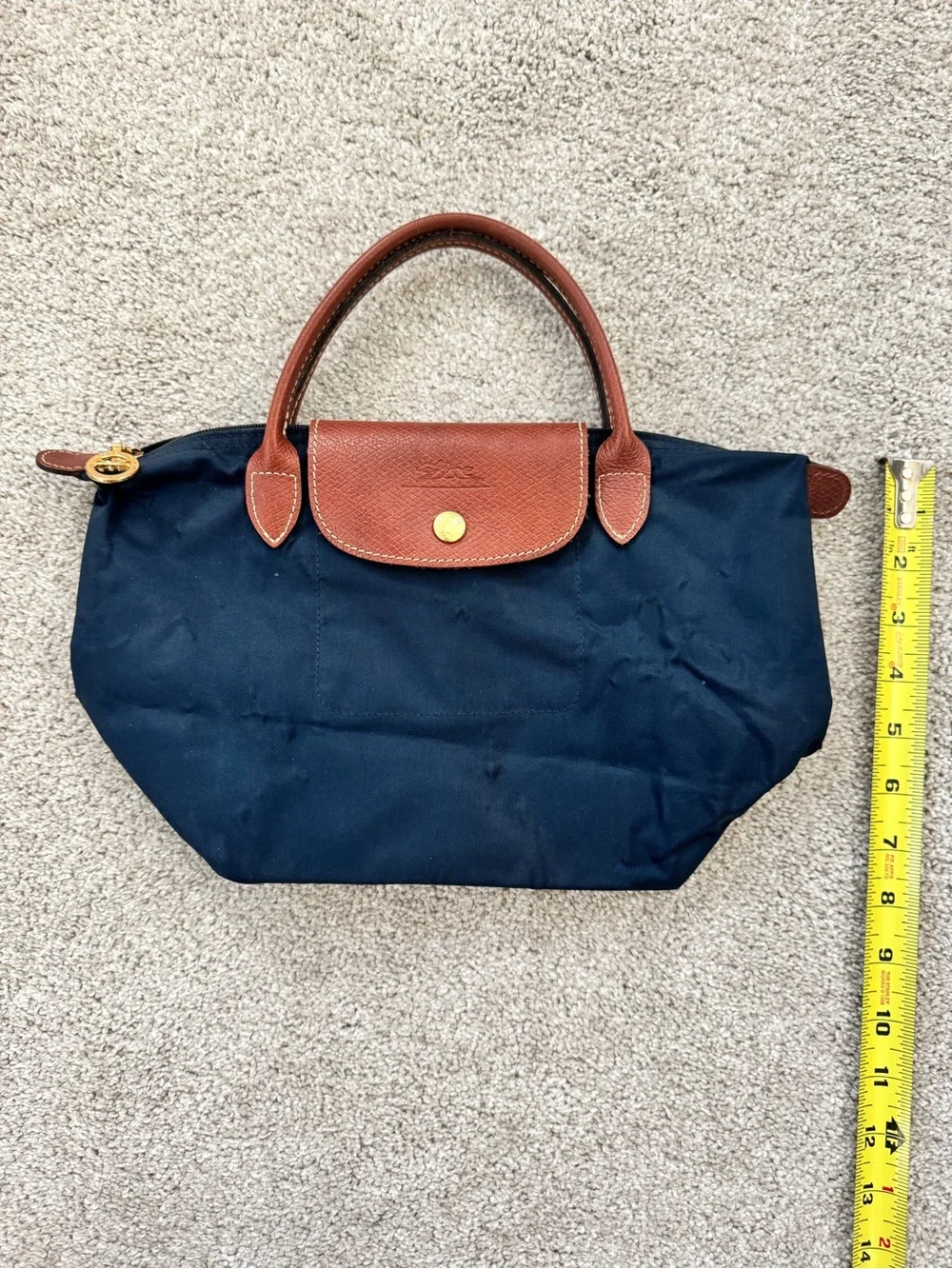Longchamp Le Pliage Small Navy Tote with Brown Leather Trim Quiet Luxury Minimal